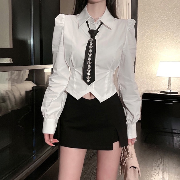 Áo Sơ Mi Dài Tay Ôm Eo Phong Cách Retro Hàn Quốc Cho Nữ