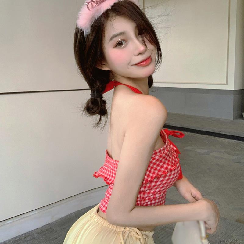 Áo Croptop Dệt Kim Hai Dây Họa Tiết Sọc Caro Phối Nơ Thời Trang Cho Nữ