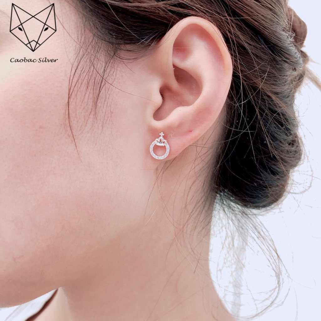 Bông Tai Bạc Nữ CaoBac Silver Hoạ Tiết Tròn Rỗng Đỉnh Hình Vương Miện Xinh Xắn Cho Nữ