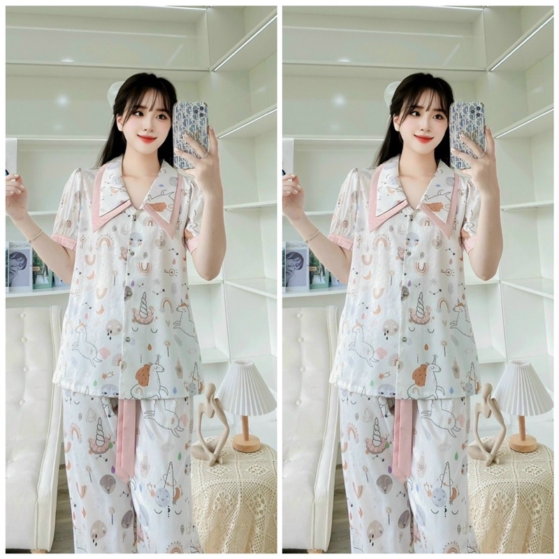 Bộ pijama lụa xước Quảng Châu cao cấp tay ngắn thỏ -dâu