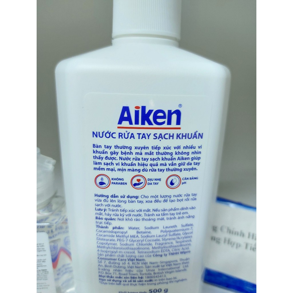 Nước rửa tay Sạch khuẩn Aiken 500g Tặng Gel rửa tay 100ml ( Loại bỏ 99% vi khuẩn )