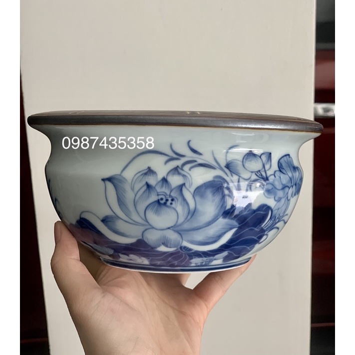 Bát hương lựu men xanh ngọc vẽ rồng sen loại 1 gốm Bát Tràng