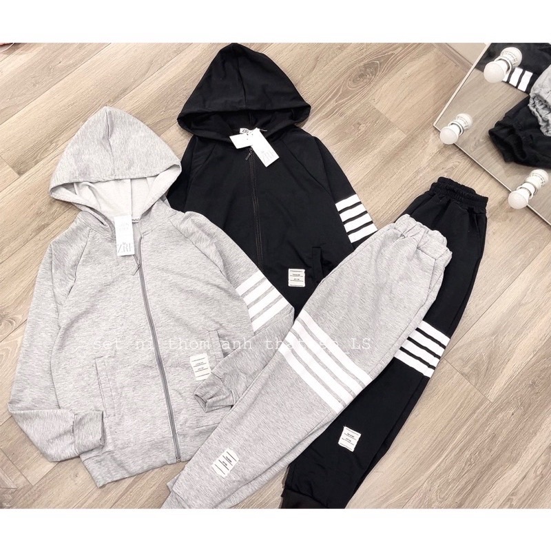 Set bộ nỉ da cá mỏng nam nư thorm áo khoác mũ tay sọc mix quần bo ống siêu đẹp L1 lina yy pl ql kimng vcoi