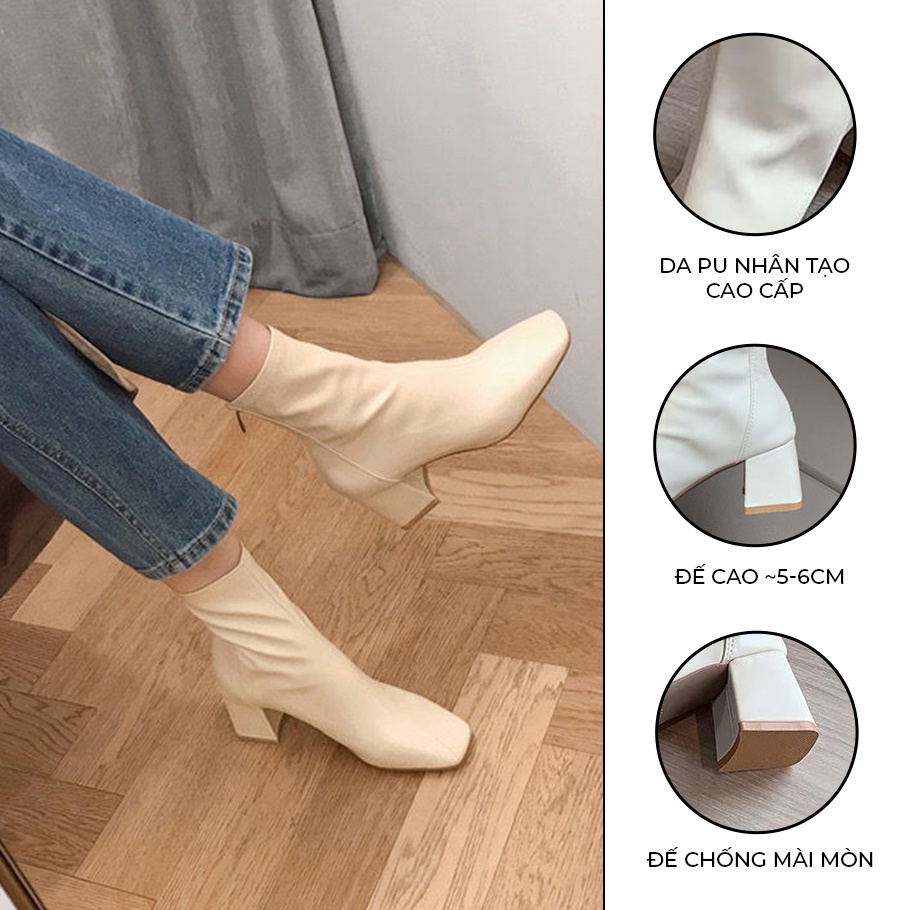 Giày Boot Martin Ulzzang Vintage, Giày Bốt Da Cao Gót Mũi Nhọn Cổ Cao Khóa Sau Đế Cao 5cm, Hàn Quốc - Iclassy_shoes