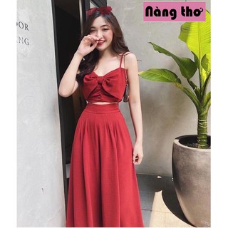 Set Bộ Nữ Thắt Nơ 2 Dây Quần Ống Rộng Phong Cách Tinh Tế Thời Trang