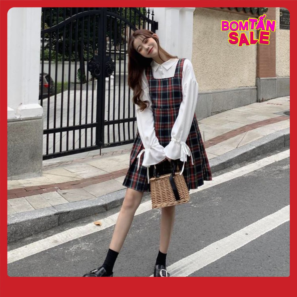 FREESHIPPING VÁY YẾM BABYDOLL CARO NỮ - ĐẦM MINI 2 DÂY BẢN TO KẺ SỌC ĐỎ ĐEN ULZZANG