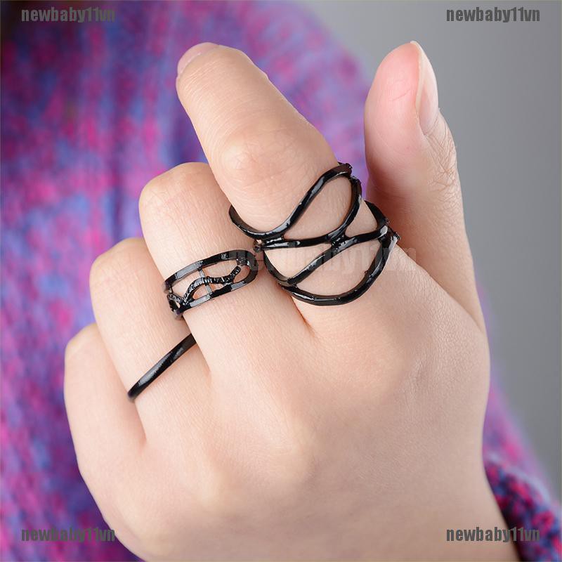 Set 3 Nhẫn Đốt Ngón Tay Màu Đen Trơn Phong Cách Punk Phá Cách Dành Cho Nữ