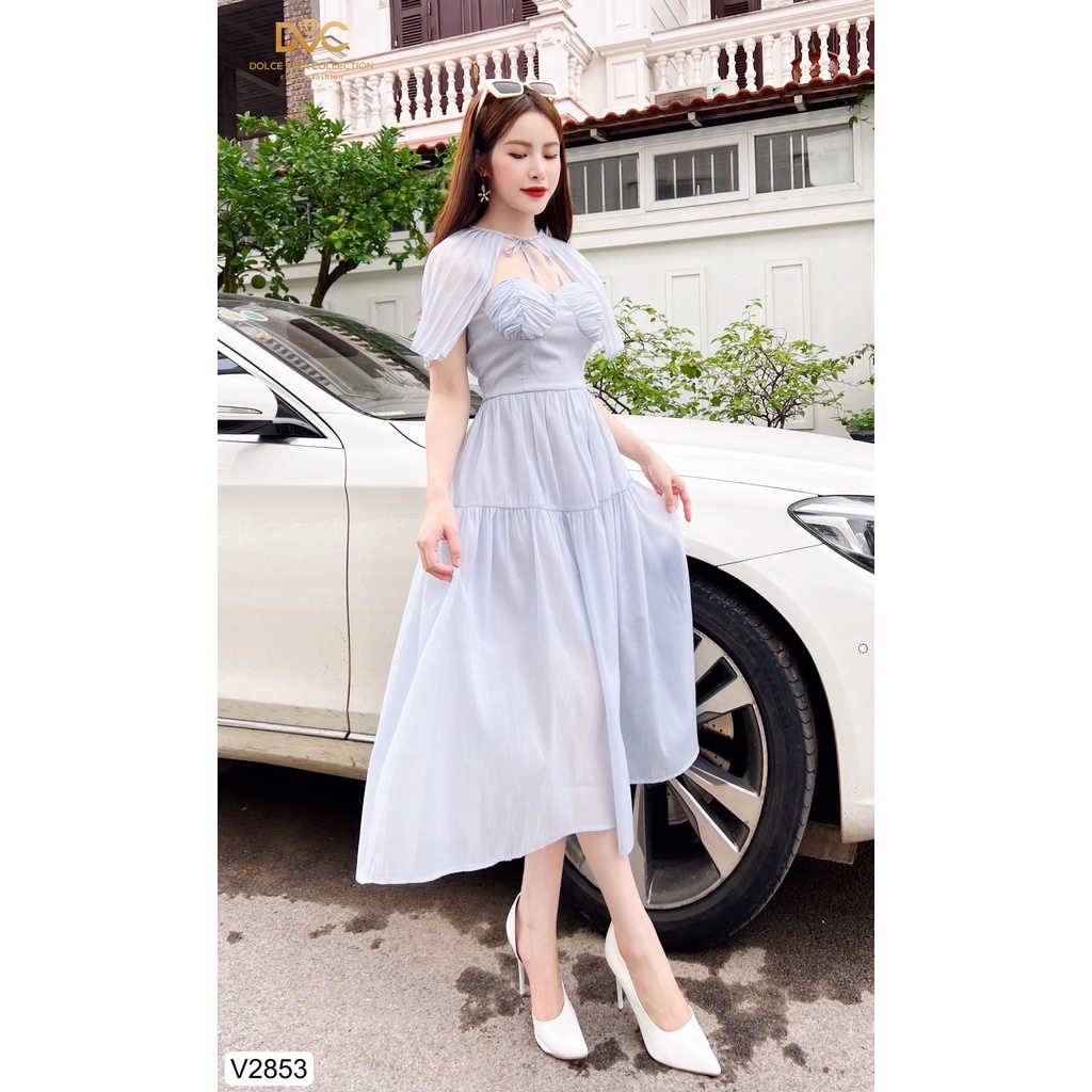 VÁY TƠ NẾN XANH GHI CỔ CHOÀNG V2853-DOLCE VIVA COLLECTION