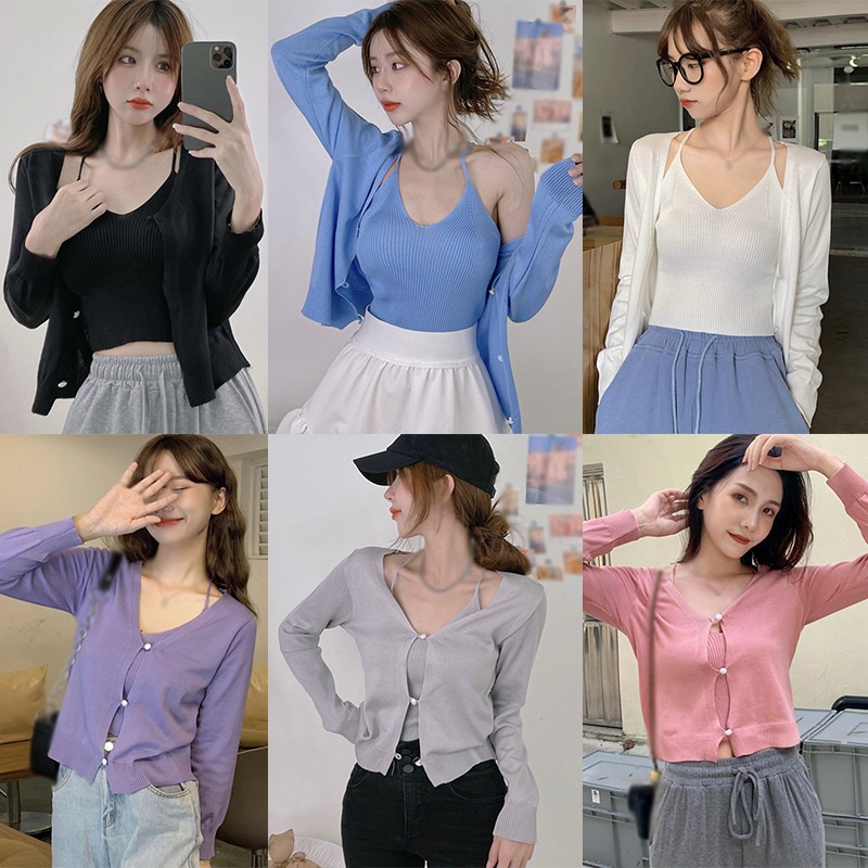 Set Áo Cardigan Dệt Kim Tay Dài + Áo Hai Dây Màu Sắc Đơn Giản Phong Cách Hàn Quốc Cho Nữ