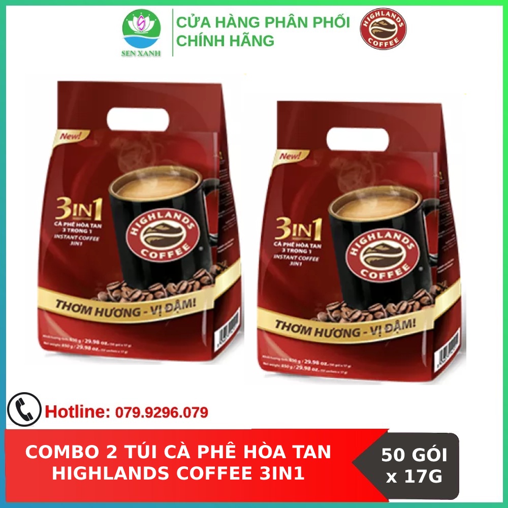 [SenXanh Emart] Combo 2 Túi Cà phê hòa tan 3in1 Highland Coffee 50 gói - 17g