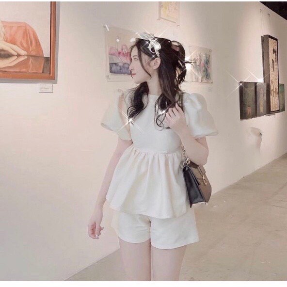 Bộ đồ nữ hàn quốc MSE129, bộ nữ babydoll tay bồng cổ vuông xòe peplum kết hợp quần sooc
