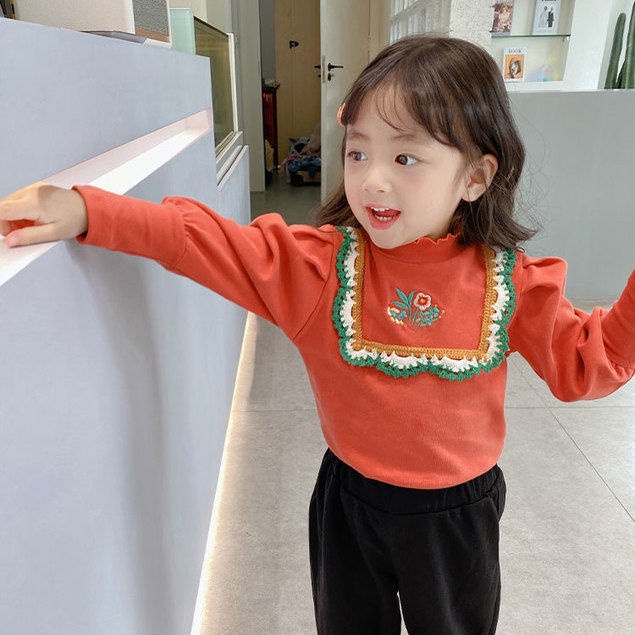 Áo Thun Tay Dài Cổ Cao Thêu Họa Tiết Thời Trang Xuân Thu Cho Bé Gái