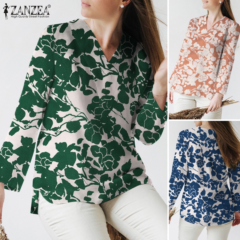 Áo kiểu ZANZEA tay dài cổ chữ V in hoa phong cách vintage thời trang cho nữ