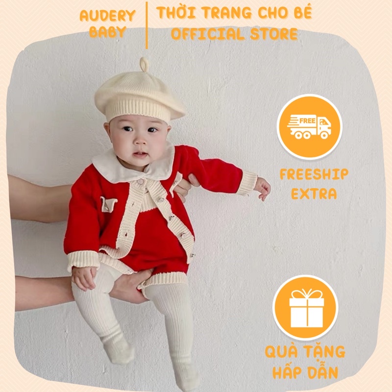 Set Bodysuits cho bé gồm Yếm kèm áo Cardigan len đỏ cho bé gái Phong Cách Noel dễ thương Audery.closet.baby