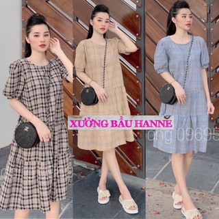 🍂[VÁY BẦU ĐẸP GIÁ RẺ] Váy bầu thiết kế kẻ caro M103 🍂 freesize từ 45 đến 70kg 🍂 chất Cotton thô