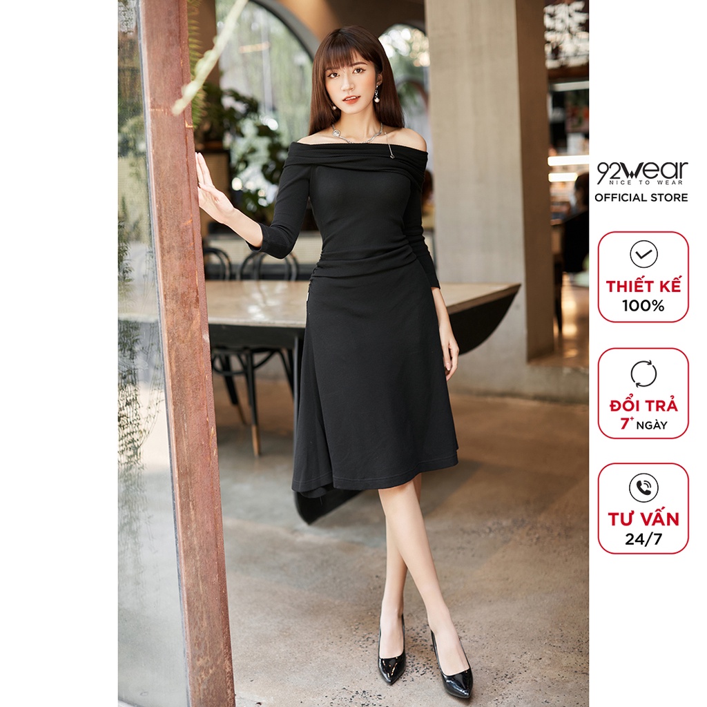 Váy tiểu thư dài tay trễ vai 92WEAR, thiết kế xòe nữ tính DTA1510