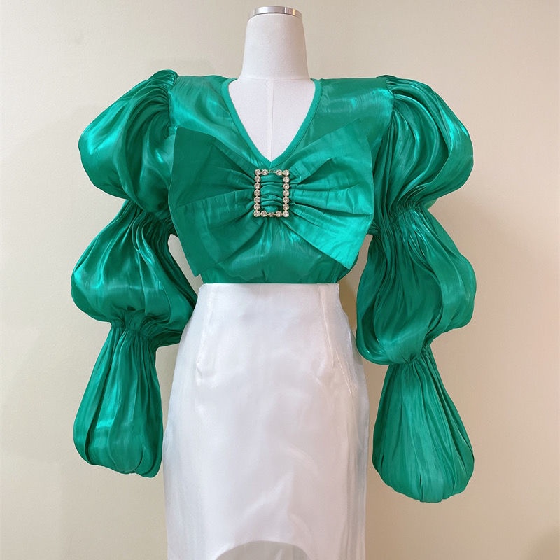 Áo Sơ Mi Chiffon Tay Phồng Dài Dáng Rộng Cổ Chữ v Thắt Nơ Thời Trang Mùa Xuân Cho Nữ 2022