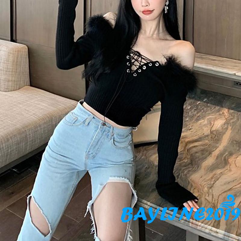 Áo croptop dệt kim tay dài cổ chữ V có dây rút thời trang thường nhật dành cho bạn nữ mặc dự tiệc