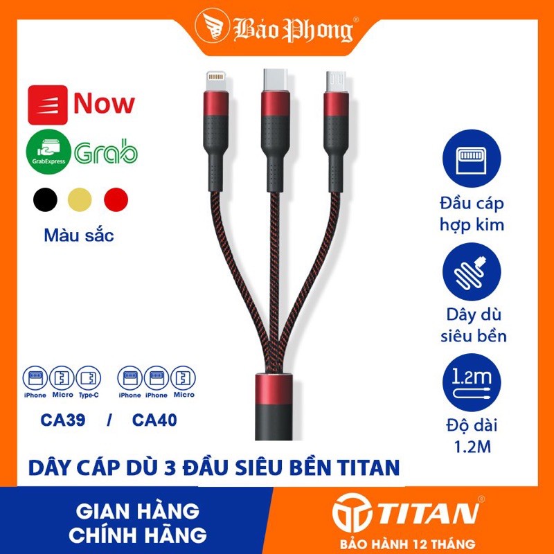 Dây cáp sạc 3 đầu Chính hãng TITAN cho i-Phone Samsung Oppo IP 6 7 8 Plus x xs max 11 12 Pro Lighnting Micro Type C