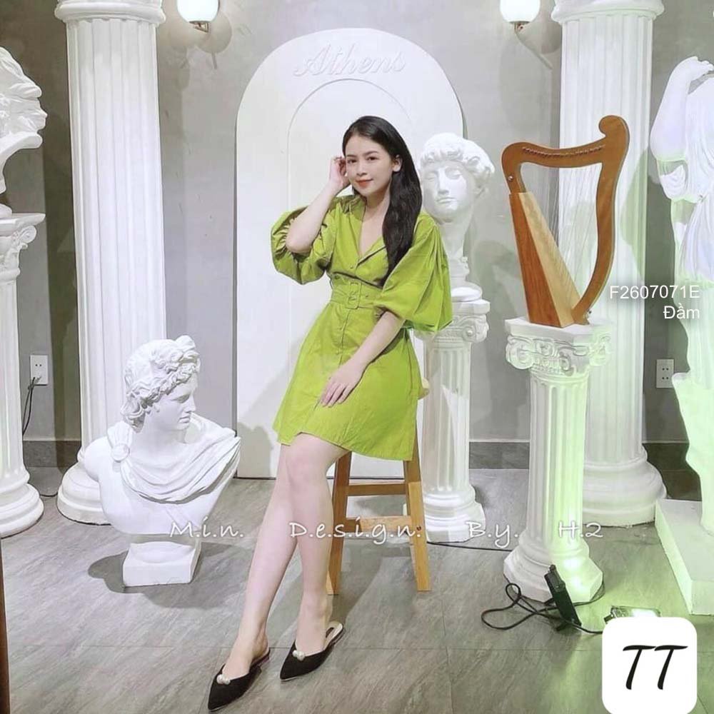 Đầm kiểu sơ mi thô xanh cốm cổ đúc tay bồng kèm đai thắt eo hàng chuẩn loại 1