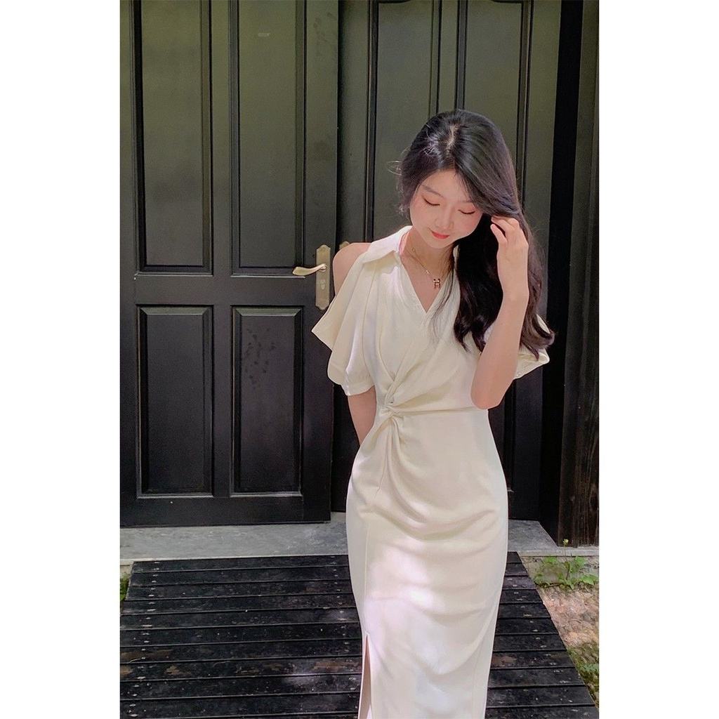 Đầm dài trung bình cổ chữ V thiết kế ôm eo phong cách Pháp thời trang mùa hè cho nữ