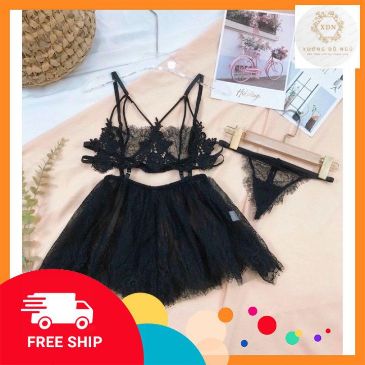 Váy ngủ ren ⚡FREE SHIP⚡ hở bụng mát mẻ sexy tăng kèm quần lọt khe VN630A | BigBuy360 - bigbuy360.vn