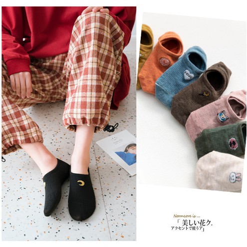 Tất Lười Nam Nữ - Vớ Nửa Bàn Nữ Thêu Họa Tiết Đáng Yêu