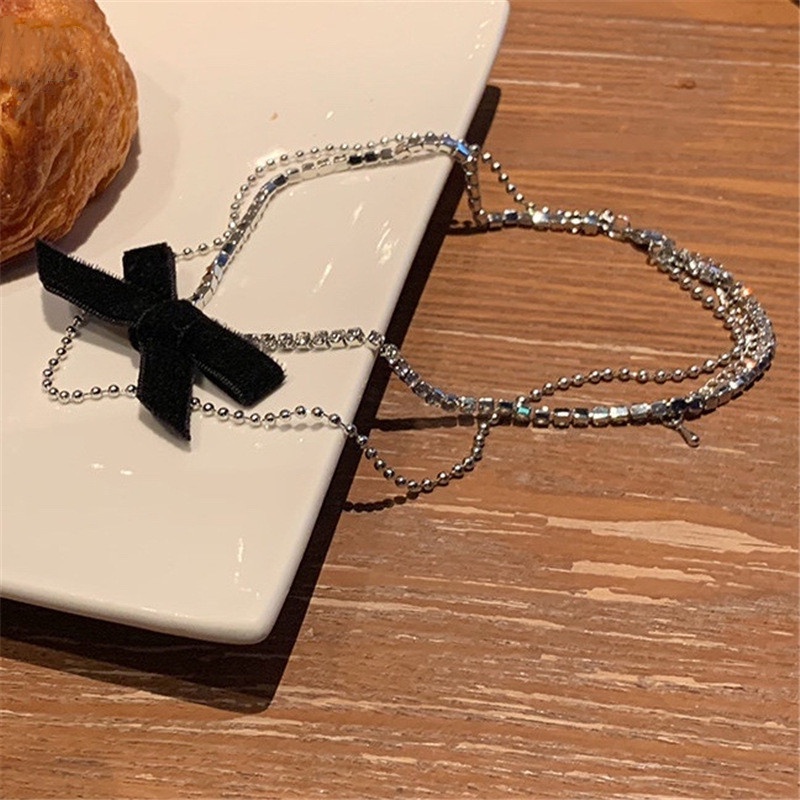 Vòng Cổ Choker Nhung Hai Lớp Thắt Nơ Đính Kim Cương Sáng Bóng Quyến Rũ Thời Trang