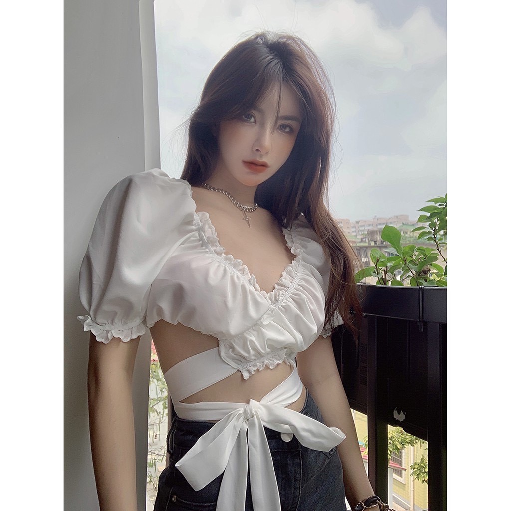 áo croptop ngắn tay voan tơ phối bèo cột nơ eo nữ tính dễ thương alohashop91