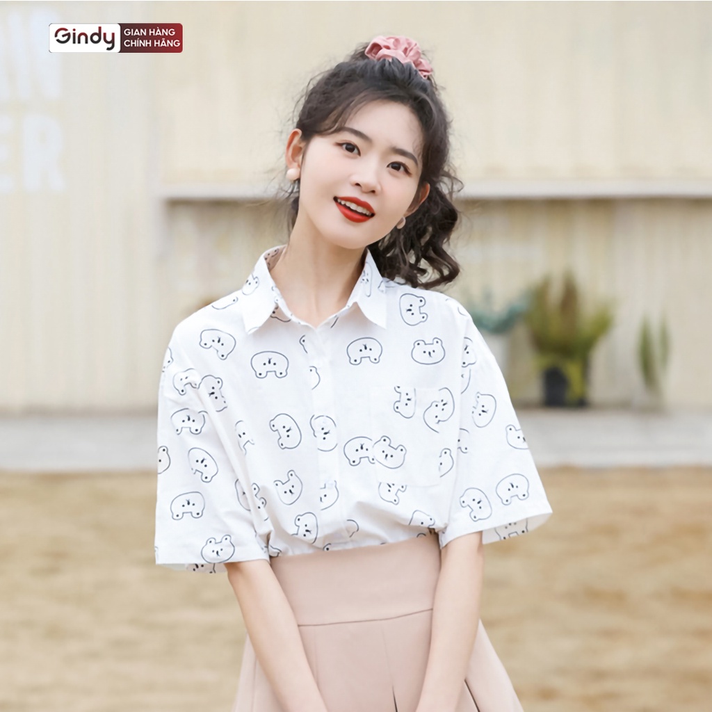 Áo sơ mi form rộng nam nữ unisex họa tiết gấu GINDY tay ngắn vải lụa Mango thời trang Hàn Quốc A6119
