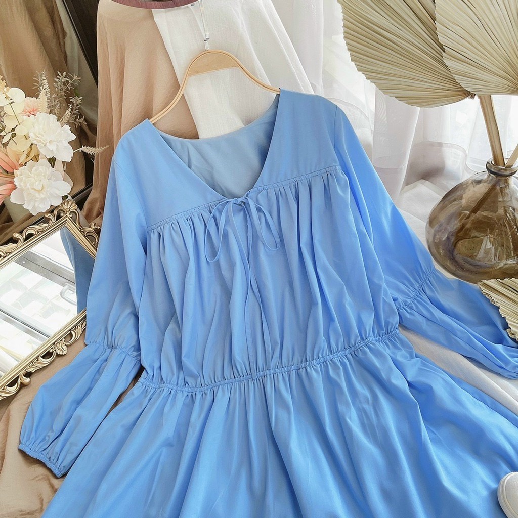 Đầm babydoll xanh cổ V thắt nơ bo chun 💖  👍 Kiểu dáng xinh xắn cho những ngày hè về khách nhaaa 👍 Diện em này đi chơi ha