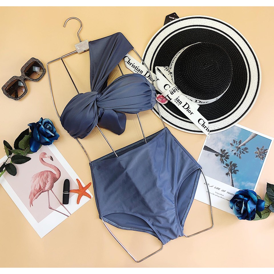 Bộ bơi bikini 2 mảnh lệch vai thắt nơ cạp cao giấu bụng tôn dáng | BigBuy360 - bigbuy360.vn