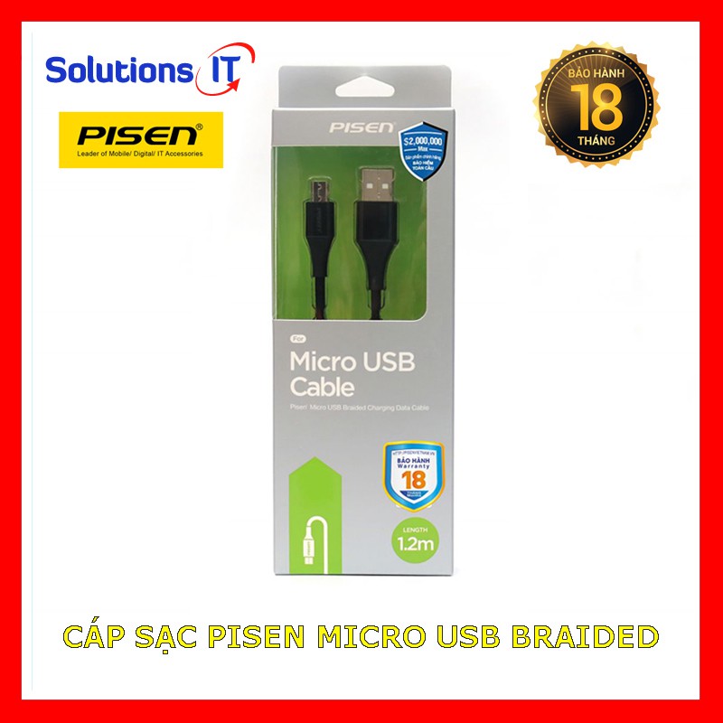 Cáp Pisen Micro USB Braided cao cấp 1.2m – Hàng chính hãng bảo hành 18 tháng