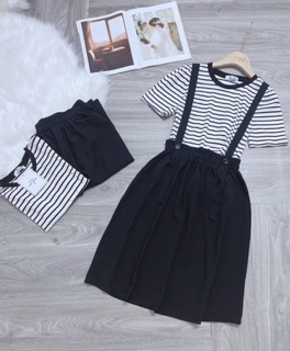 Set áo kẻ + chân váy yếm