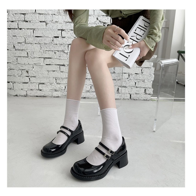 Giày lolita đế cao 5p quai ngang, giày cao gót màu đen 2 quai ngang