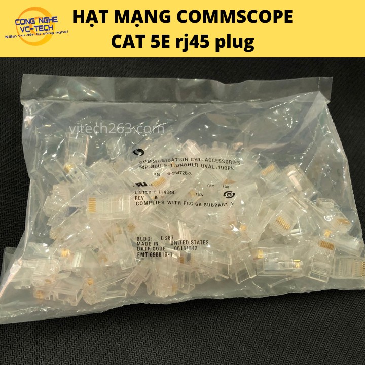 Combo hộp 100 hạt mạng COMMSCOPE CAT 5E rj45 plug-Chân đồng chống OXY hóa-Hàng chính hãng 100%