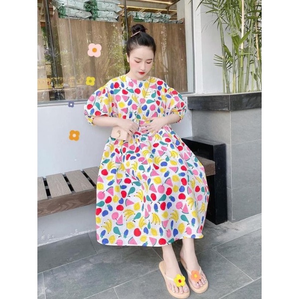VÁY BẦU BABY DOLL HOA QUẢ, MẪU MỚI TRẺ TRUNG, CAM KẾT Y HÌNH Ạ FREESIZE