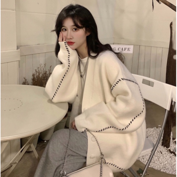 Áo cardigan nữ đen trắng form rộng dài LUHAZO khoác oversize, bigsize Retro D-16