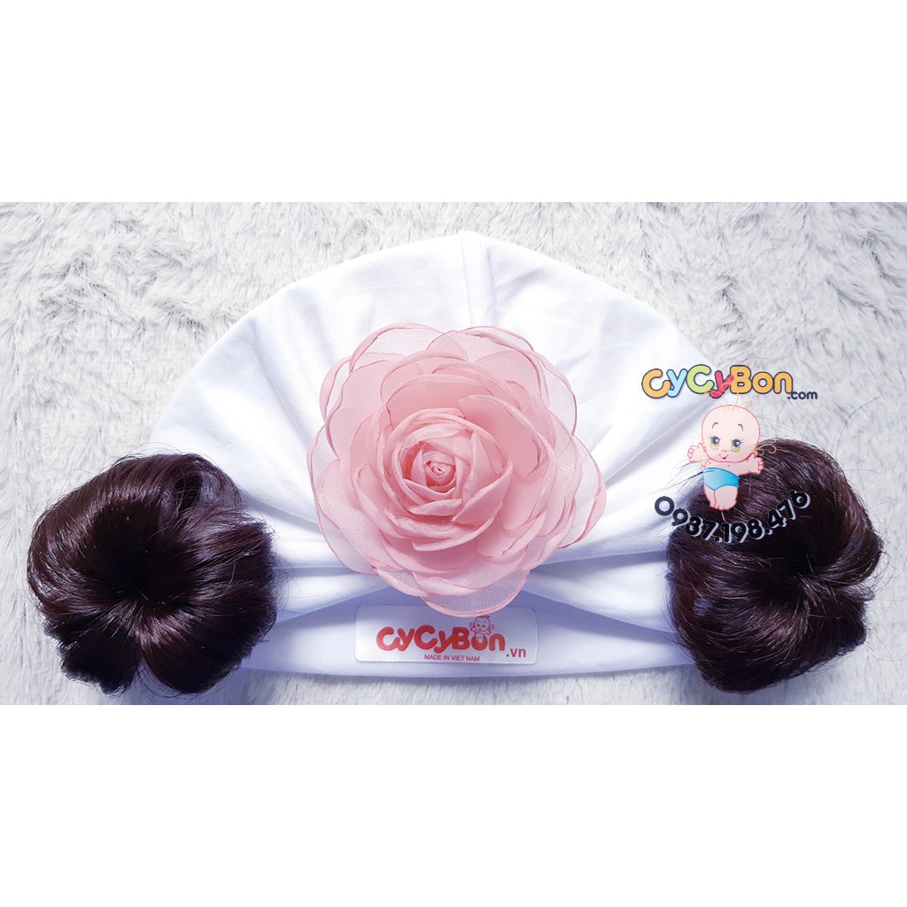 Nón Mũ Turban Cho Bé Gái Màu Trắng Đính Bông Hồng Chất Vải Cotton Co Giãn Có Size cho bé Từ Sơ Sinh