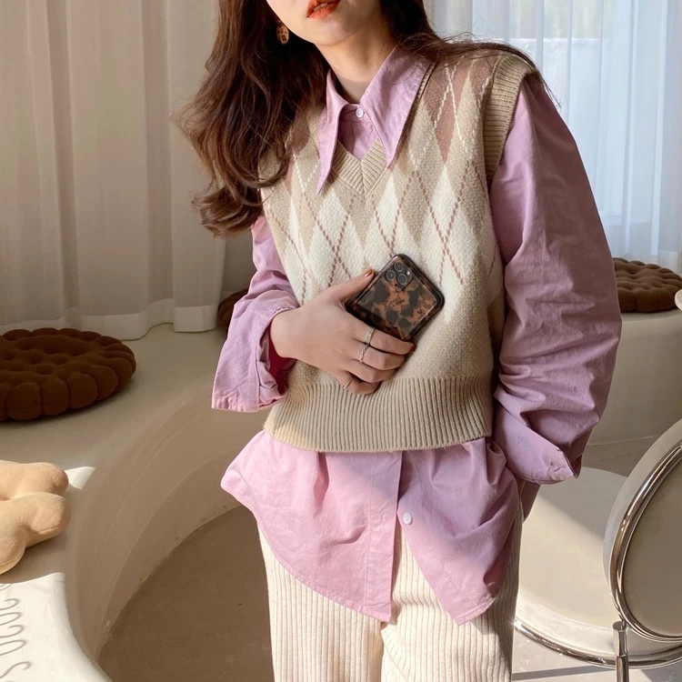 Áo len không tay cổ chữ V họa tiết sọc caro dáng rộng năng động thời trang