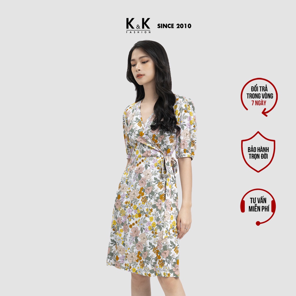 Đầm Wrap Dress Họa Tiết Hoa Phối Nơ Eo K&K Fashion KK107-05 Chất Liệu Linen Mềm Mát