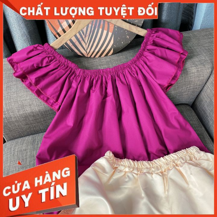 Sét áo trễ vai cánh tiên cổ bèo mix quần sooc trắng 🌺 Ảnh thật, video cận cảnh 🌺Áo thô đũi, quần lụa