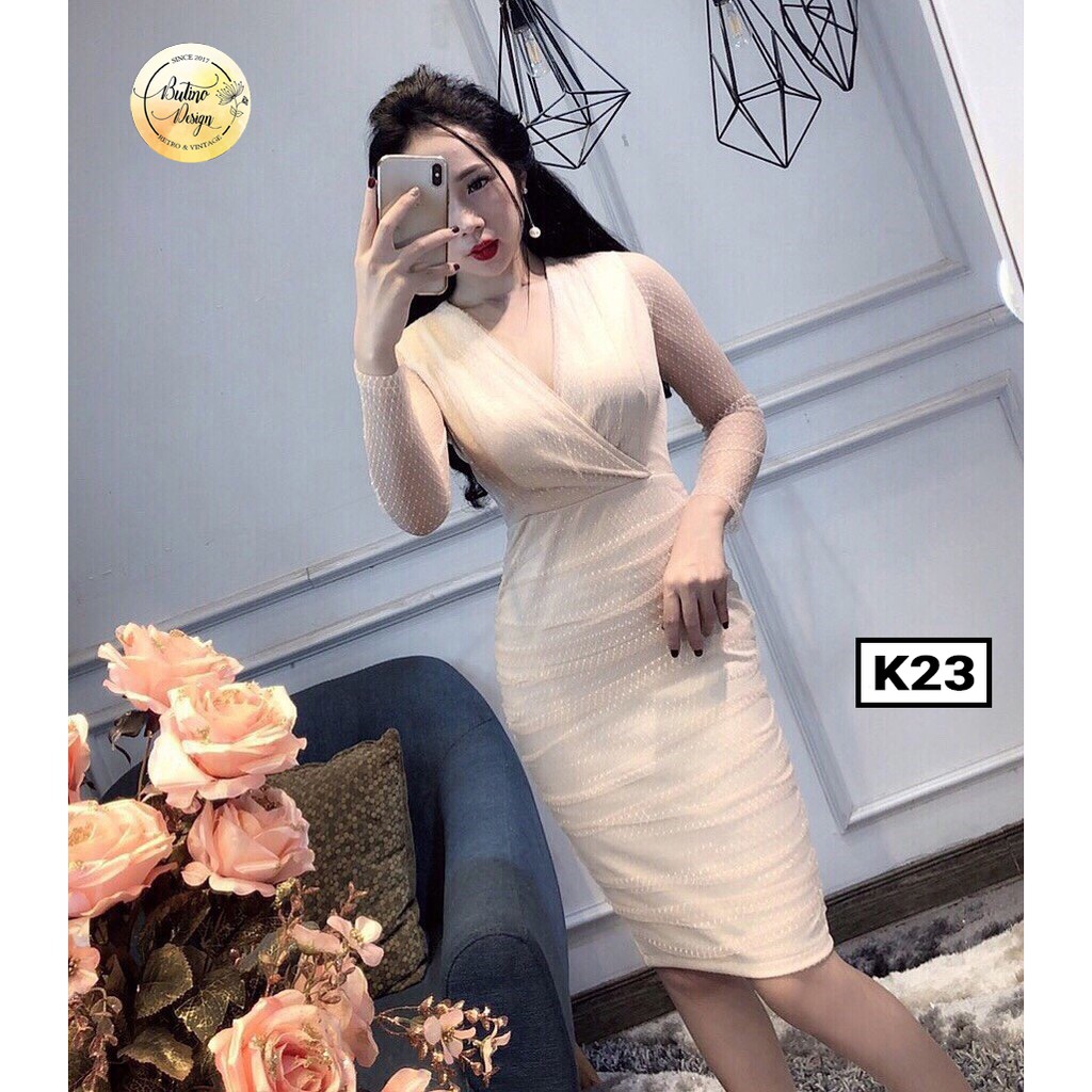 Váy đầm body K23 Be phối ren dài tay 2 lớp BUTINO SHOP - 4 màu