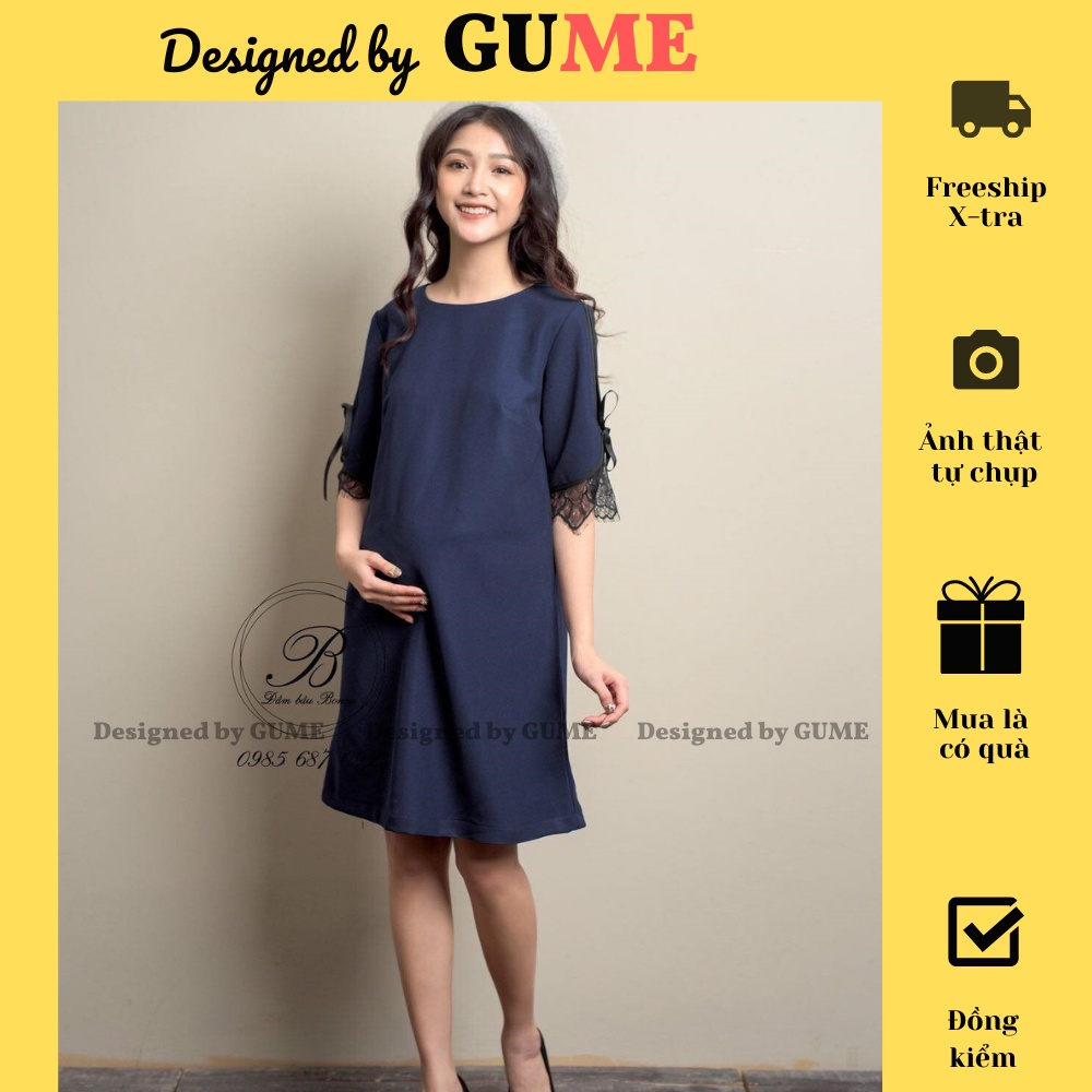 Đầm Bầu Công Sở - Váy Bầu GUME màu xanh than dáng suông phối tay ren chất vải sạn lụa size từ 40-100kg MB28 - ảnh thật