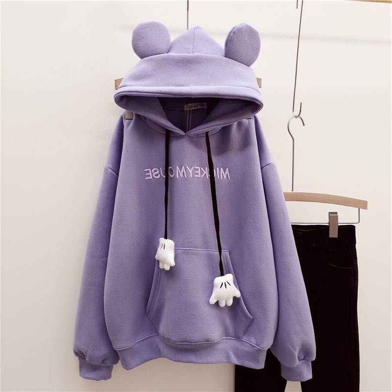 Áo hoodie dáng rộng có mũ trùm đầu mùa thu đông dễ thương kiểu tai thú cho nữ