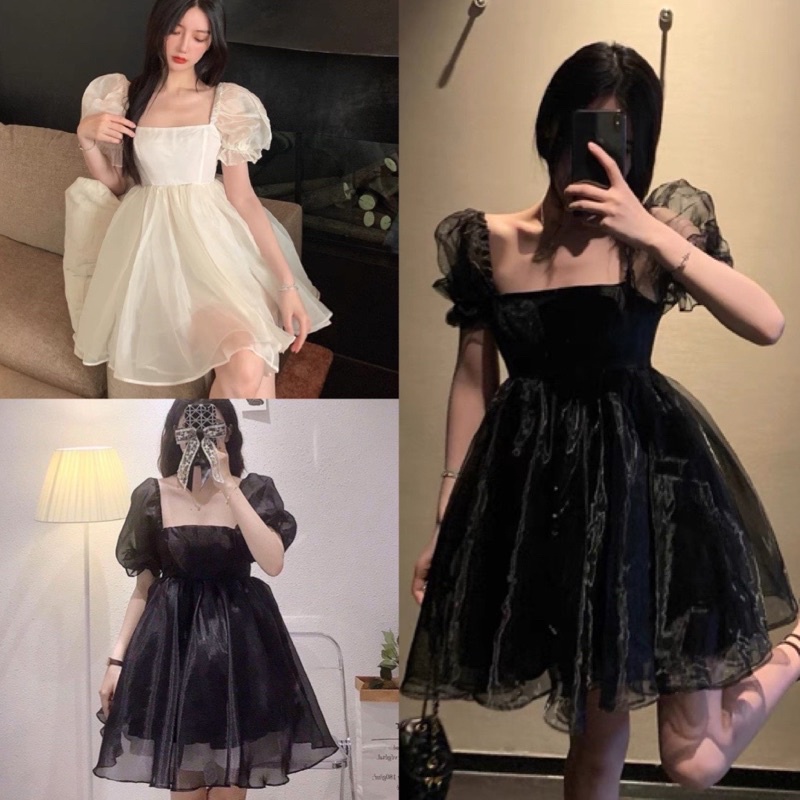 Váy babydoll nữ tay phồng Cổ vuông- Đầm công chúa tiểu thư dáng xoè chất voan 2 lớp bồng bềnh phong cách hàn quốc ULZZAN