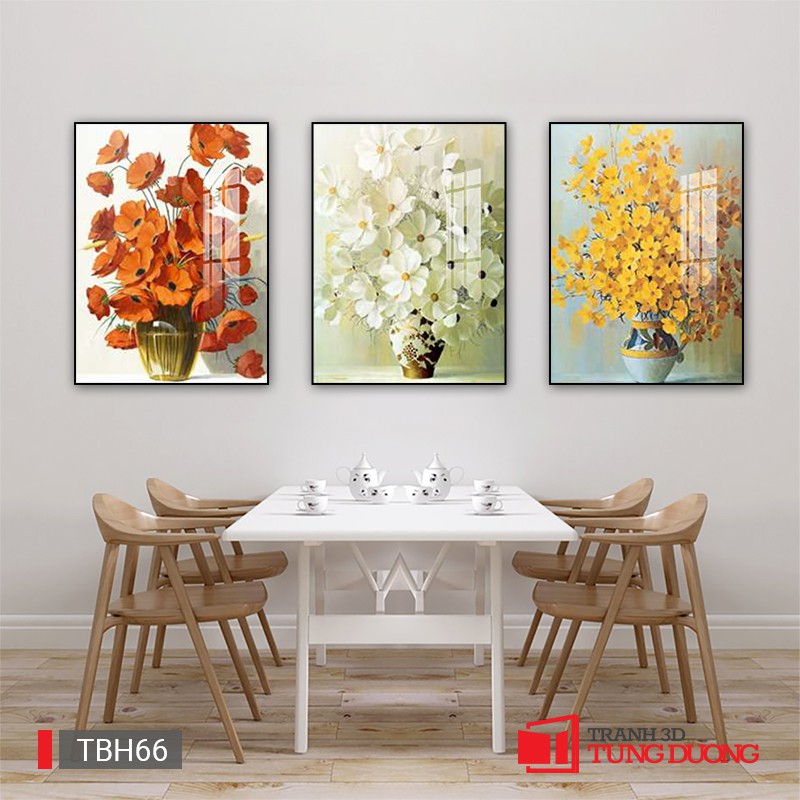Tranh treo tường 3D phòng ăn hiện đại phong cách hiện đại bình hoa 3D xuân bình an - Tranh tráng gương bộ 3 bức |TBH-66