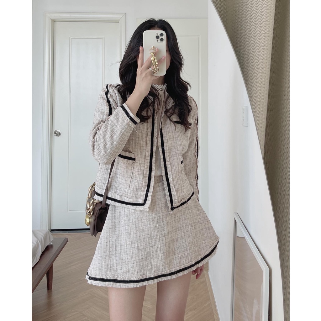 (ảnh thật) Audrey Set dạ tweed chạy viền áo khoác mix chân váy chữ A 7765 | BigBuy360 - bigbuy360.vn