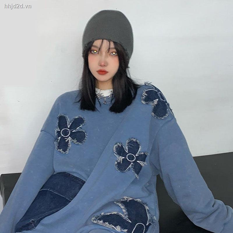 Áo sweater denim màu xanh nước biển phong cách đường phố hip hop retro dành cho nữ vào sớm mùa thu
