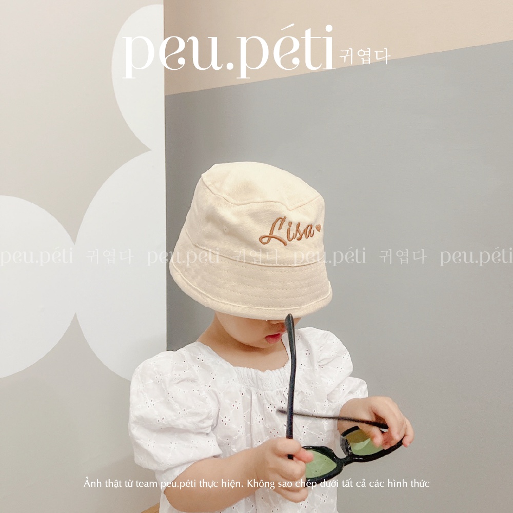 Mũ Bucket thêu tên bé phong cách Hàn 4 màu lựa chọn - peu.péti